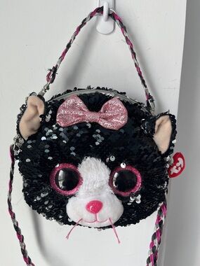Ty Kiki Black Cat Sequin Purse Pink Bow Plush  Crossbody Bag